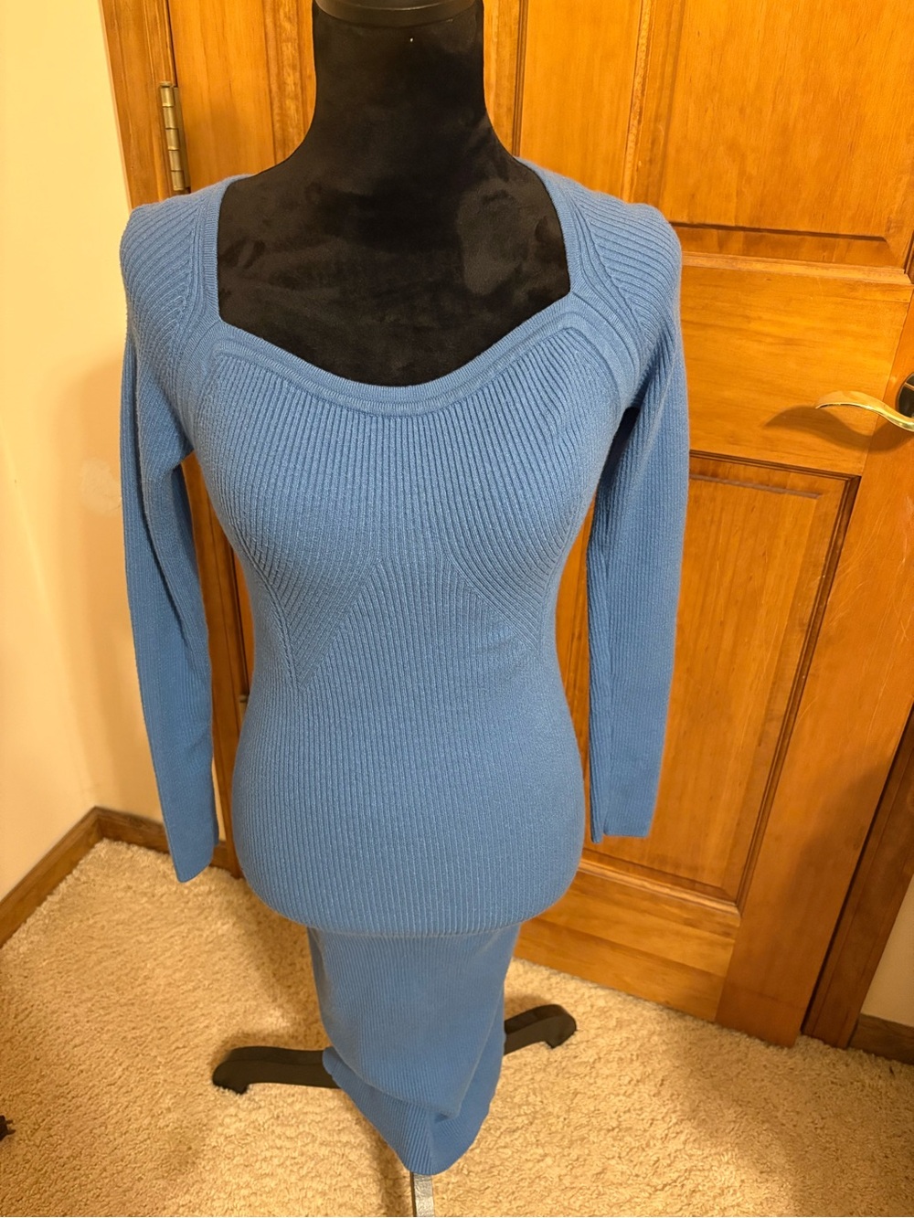 Willow Blue Ribbed Knit Long Sleeve Bodycon Dress